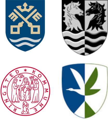 Byvåben for hhv. Ringsted, Vordingborg, Faxe og Næstved kommuner